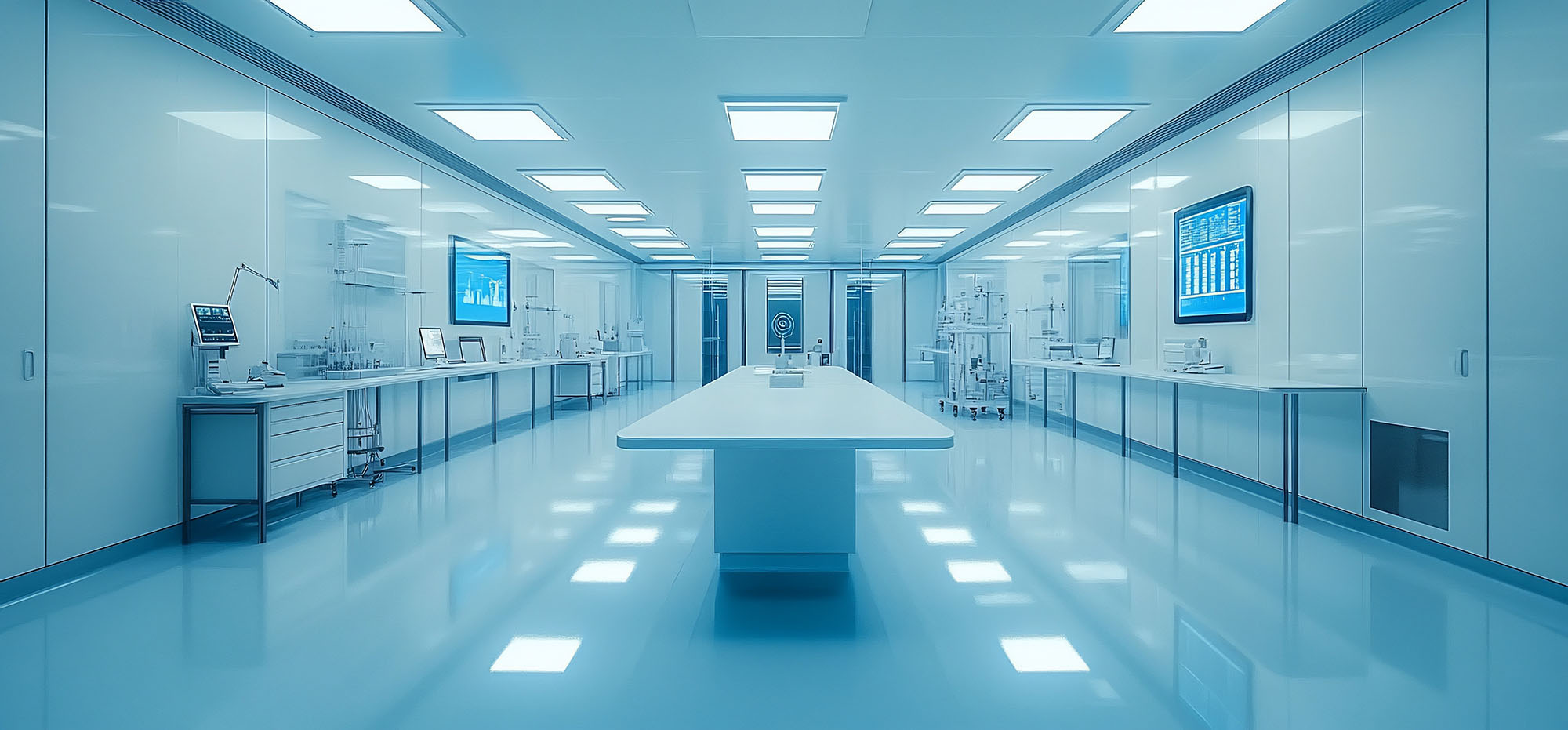 Empty laboratory with white walls, shiny floor, and equipment on tables, seen from a perspective down the center.