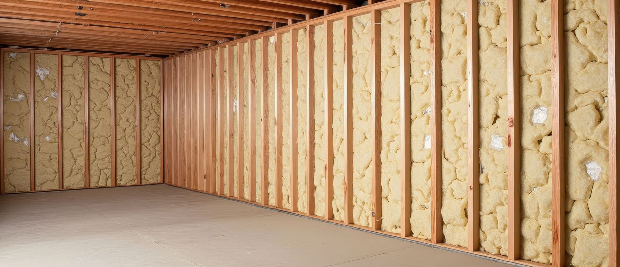 Insulated basement wall with exposed wooden beams and foam insulation panels
