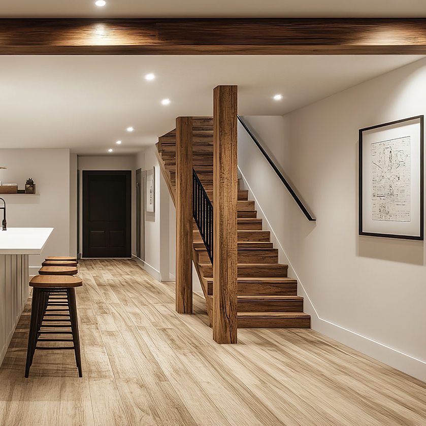 A beautifully renovated basement with a white countertop and mod A beautifully renovated basement with a white countertop and mod