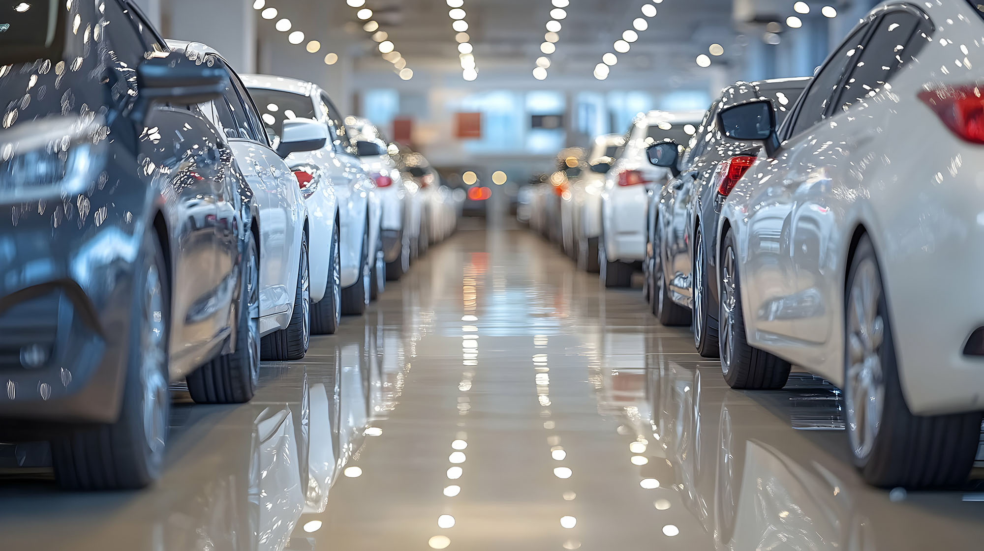 Gleaming Showroom: Rows of New Cars Reflect on Polished Floor