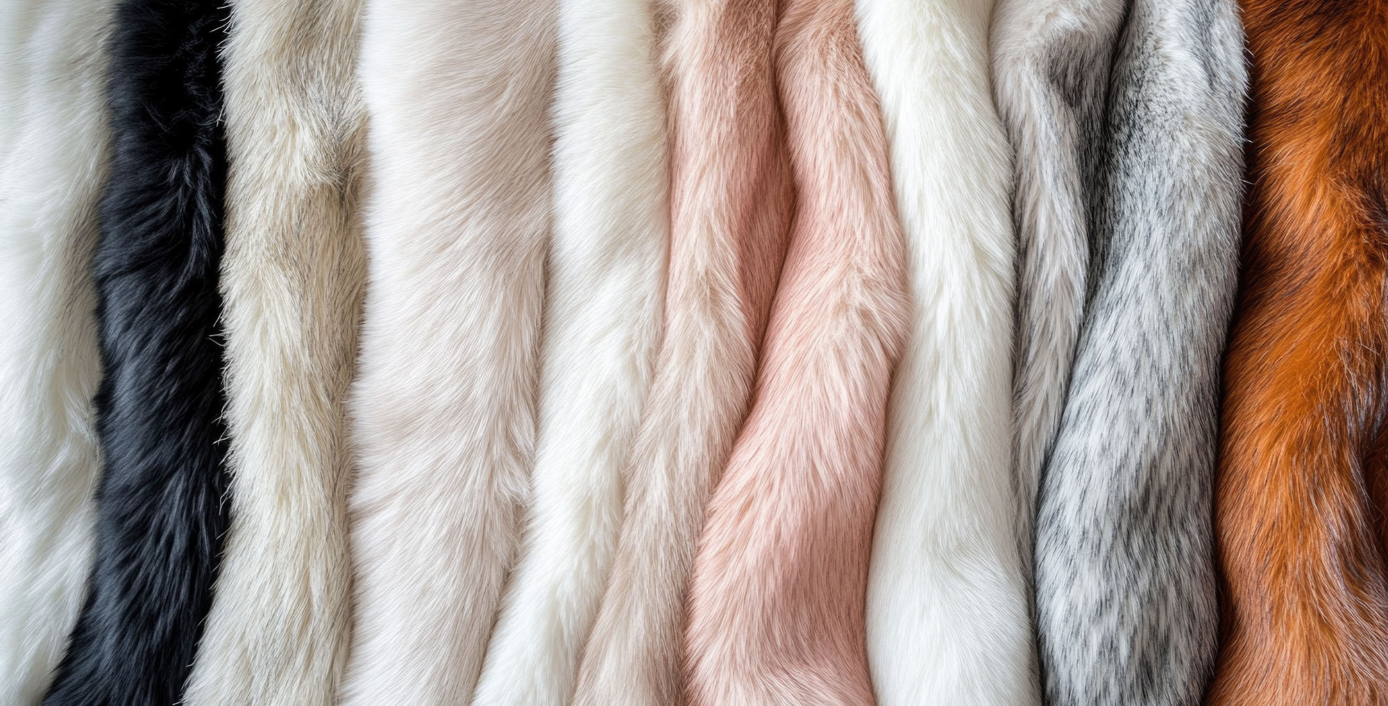 close up of a fur coat, different colors of faux fur materials,