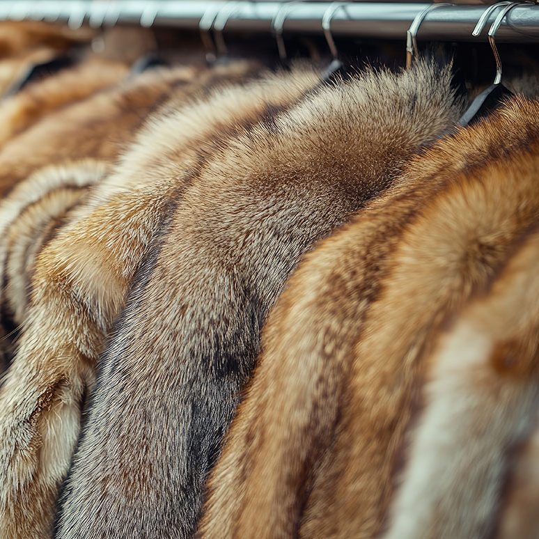Vintage fur coats displayed for sale at an outdoor flea market s