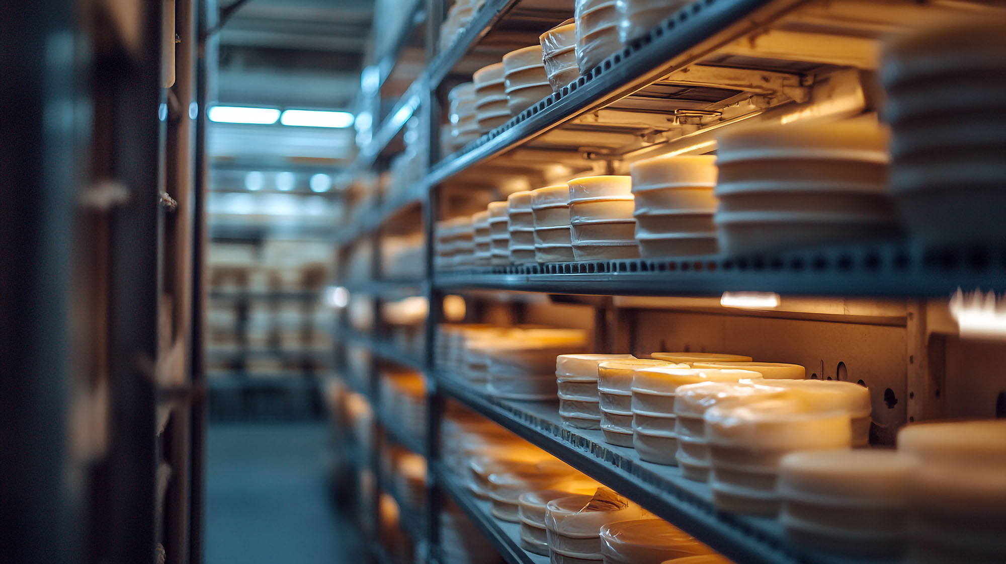 Storage facility showcasing neatly arranged cheese wheels in a c