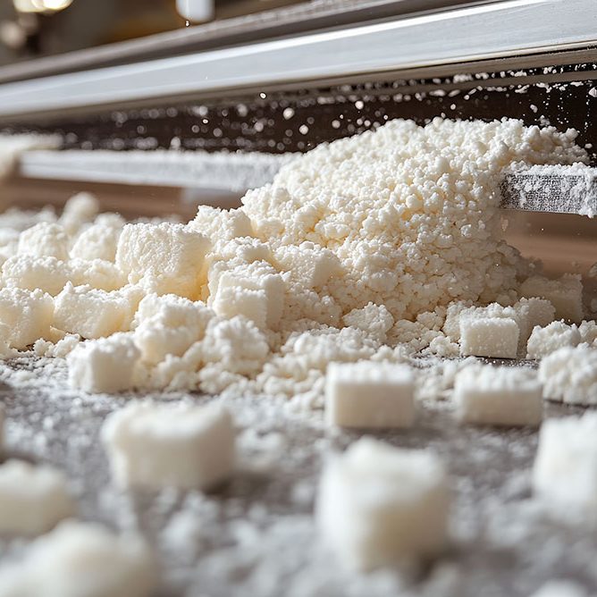 Close-Up of Sugar Cubes Spilled on a Surface in a Bright Factory Close-Up of Sugar Cubes Spilled on a Surface in a Bright Factory