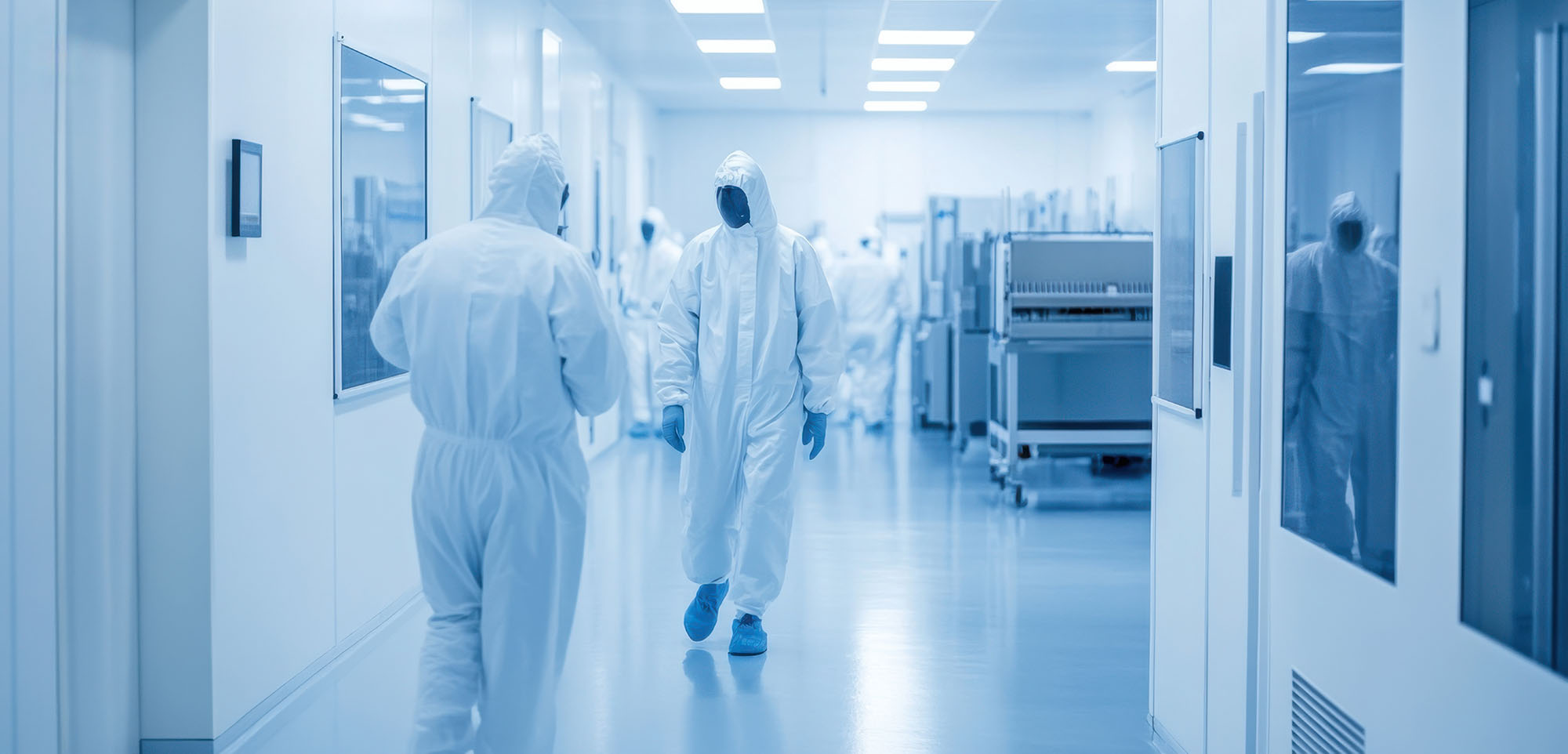 A modern semiconductor fabrication cleanroom with engineers in c