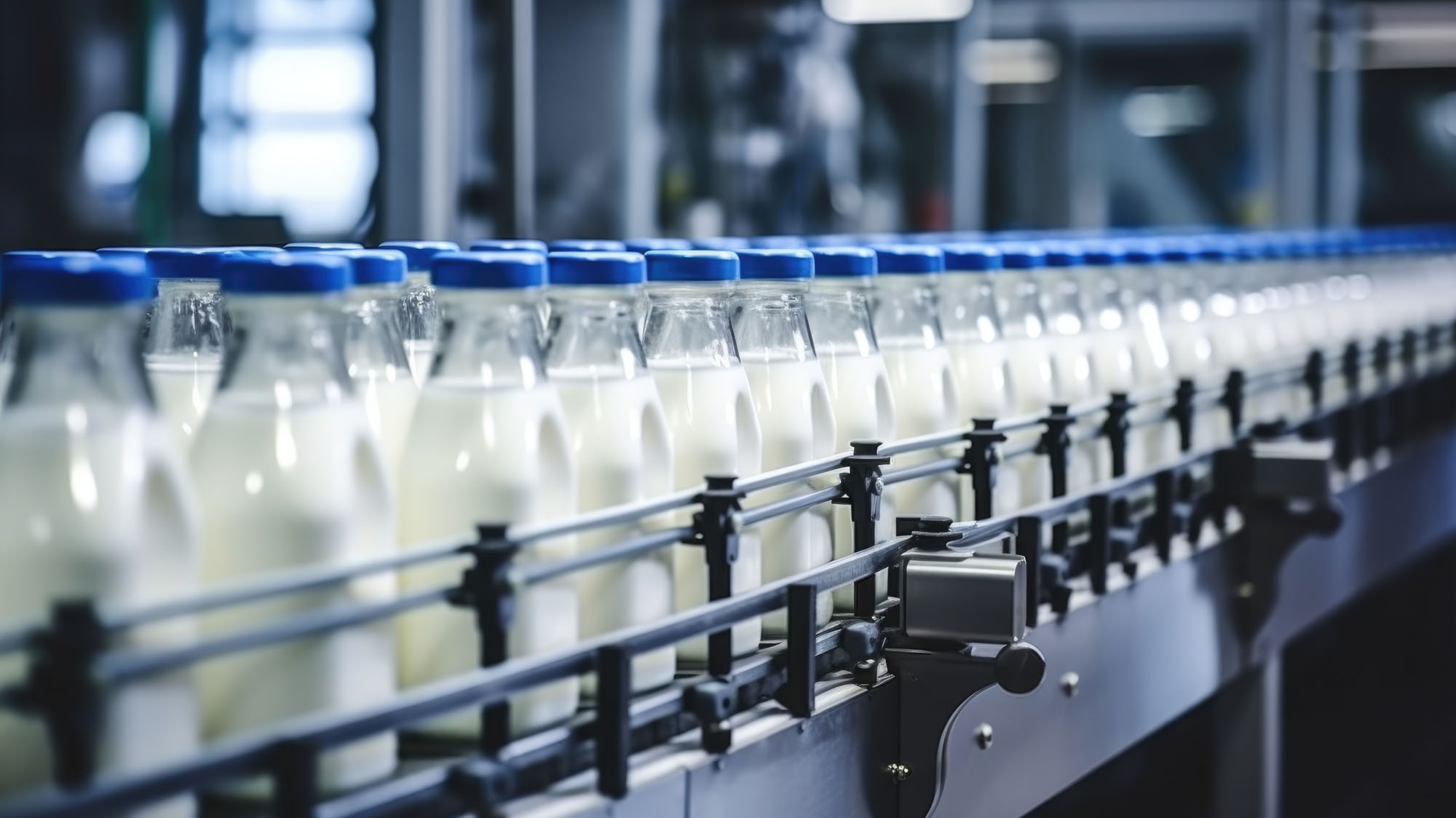 Production line of dairy products with bottles on a conveyor