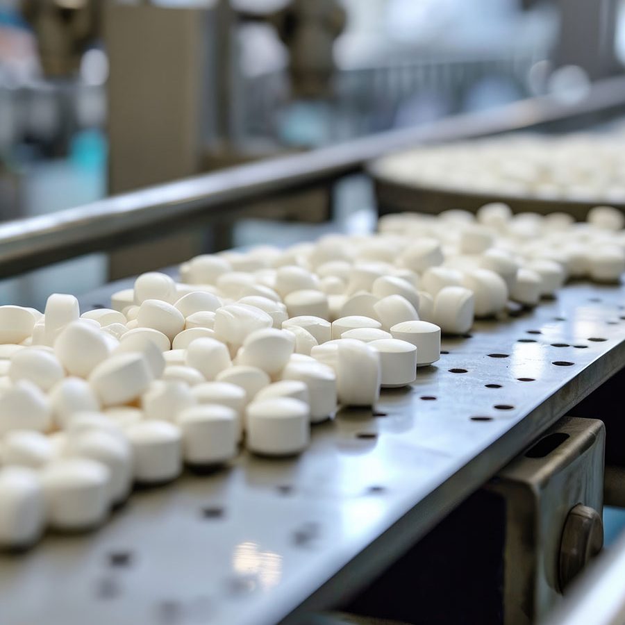A conveyor belt filled with numerous white marshmallows moving s A conveyor belt filled with numerous white marshmallows moving s