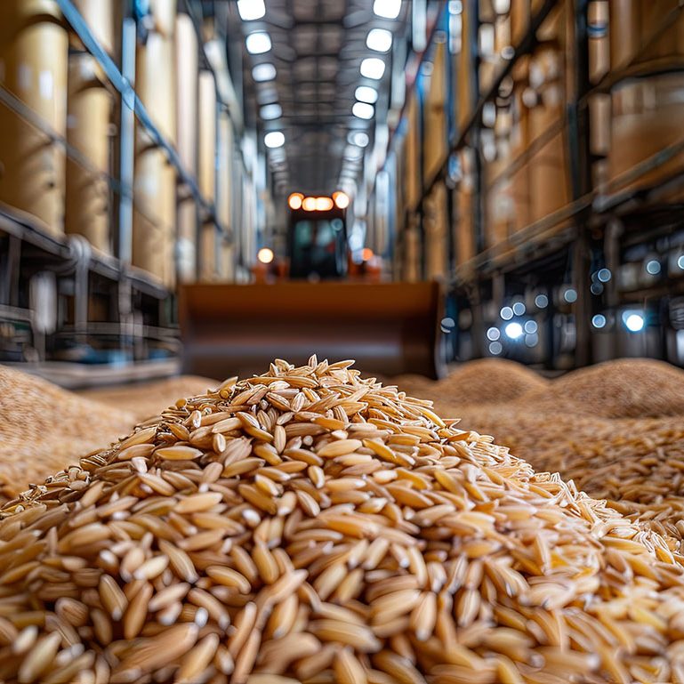 A bulldozer pushes a pile of dried grain inside a huge wheat storage warehouse A bulldozer pushes a pile of dried grain inside a huge wheat storage warehouse