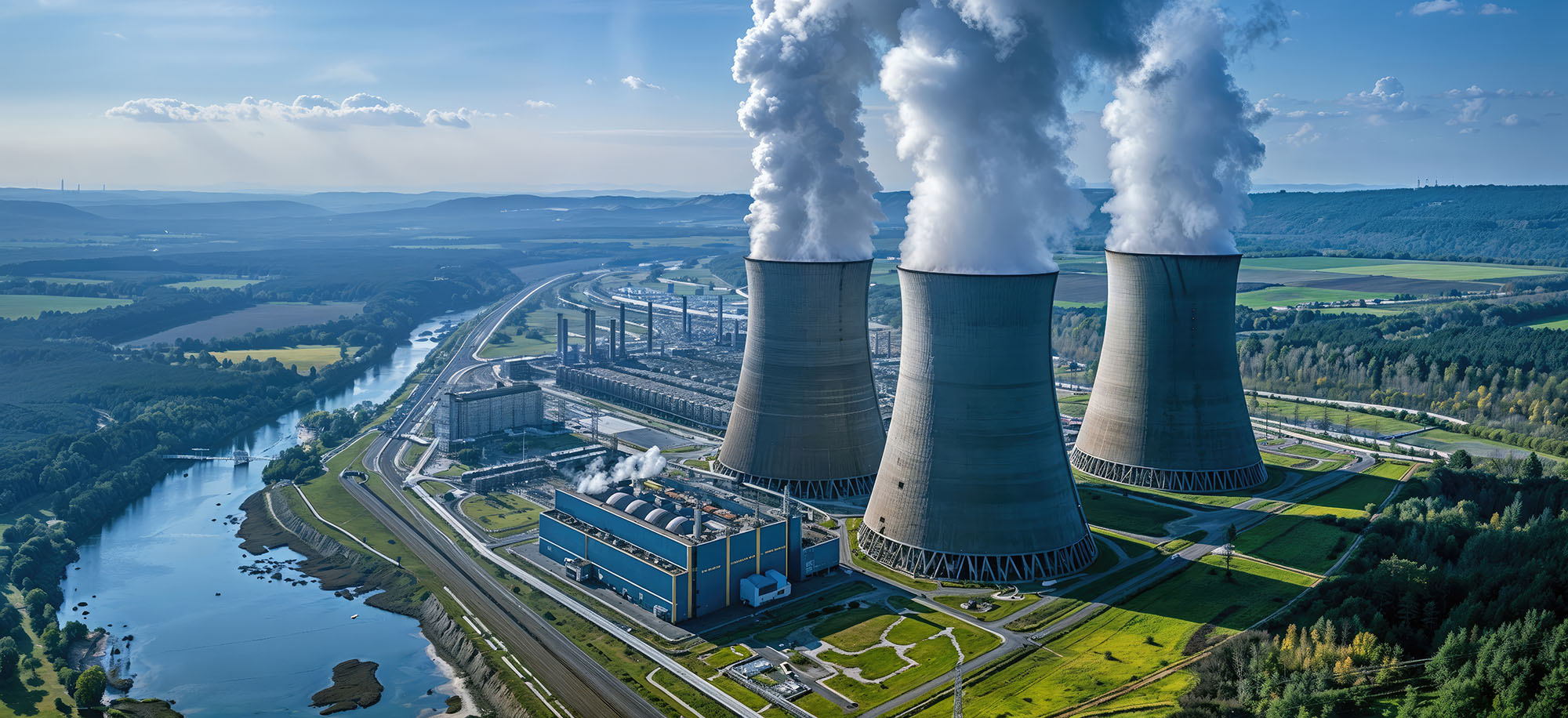 Aerial view of a nuclear power plant with cooling towers emittin