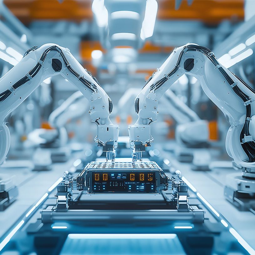 Industrial robotic arms assemble lithium-ion battery for electric vehicle. Row of white robotic arms on automated production line in bright modern factory. Electric vehicle production in automotive smart factory