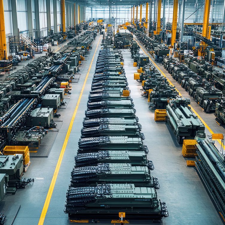 The arms industry in full production, with rows of military equipment and weapons being manufactured, showing the scale of defense manufacturing. The arms industry in full production, with rows of military equipment and weapons being manufactured, showing the scale of defense manufacturing.
