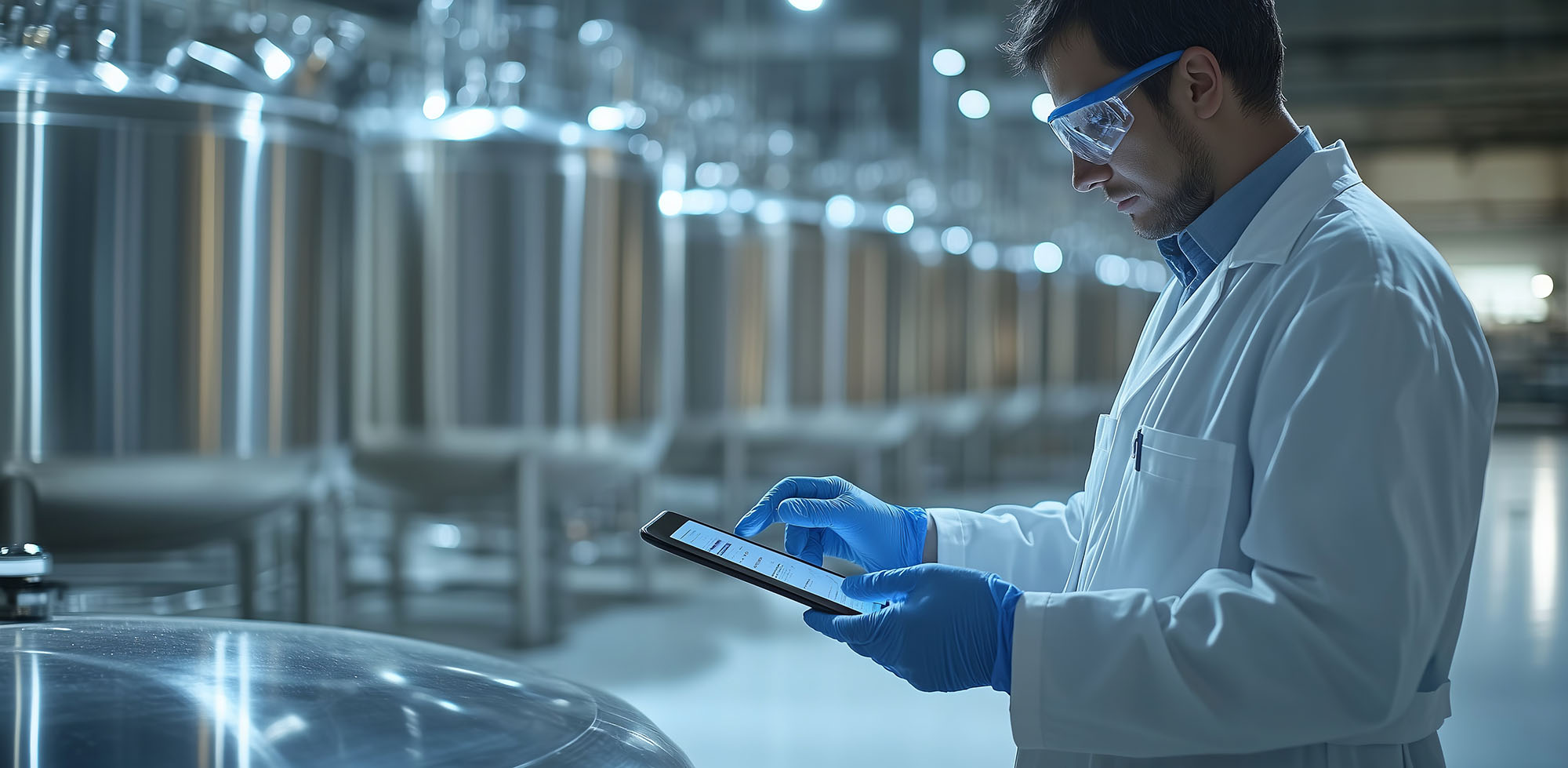 Scientist using digital tablet in modern food processing facility