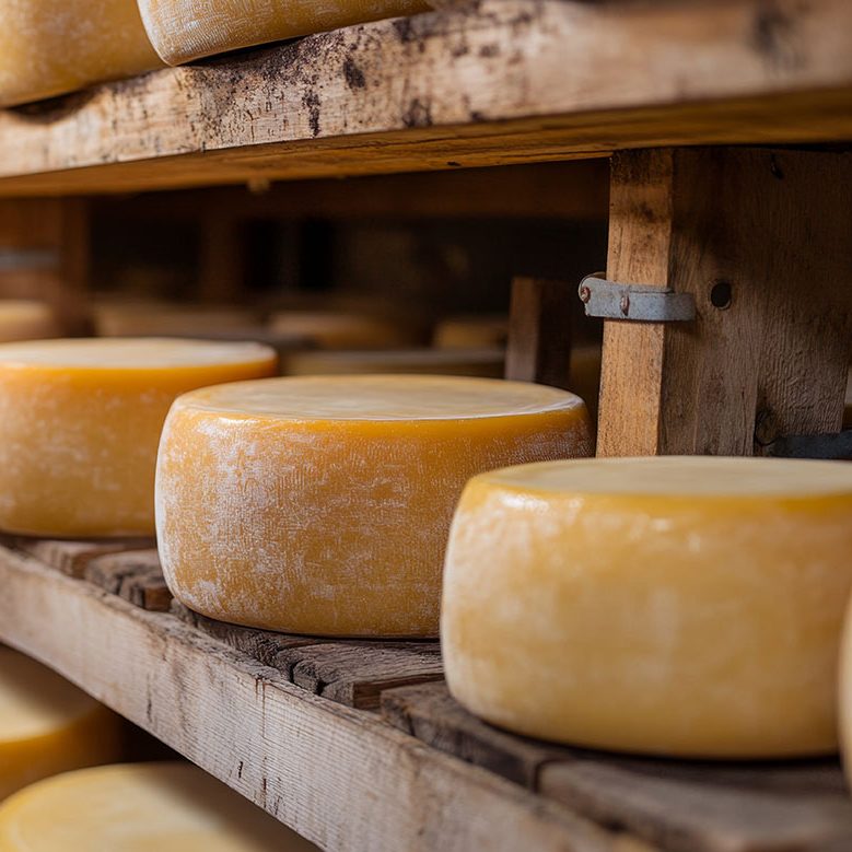 Aged Cheese Wheels on Wooden Shelves Aged Cheese Wheels on Wooden Shelves