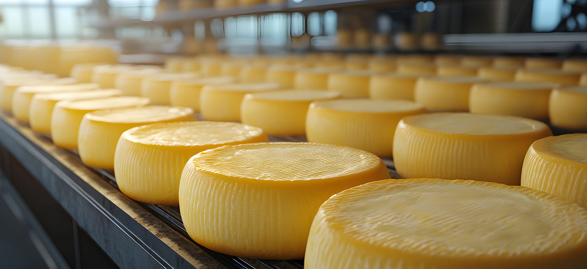 Cheese wheels aging on racks in a dairy facility during golden h
